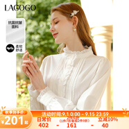 lagogo【抗菌抗皺】法式木耳邊白襯衫女士拉谷谷春秋長袖立領上衣 本白色(V1) XL