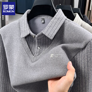 羅蒙（ROMON）男士假兩件加絨毛衣2025秋冬新款保暖仿雪貂絨打底針織衫男裝上衣 灰色 XL (175) (建議體重125-140斤)