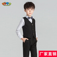 蘿卜唄唄兒童西裝花童禮服正裝禮服男馬甲三件套裝男童西裝鋼琴走秀主持演講表演服演出服西服春秋男童西服 黑色馬甲四件套（馬甲，襯衫，褲子，領(lǐng)結(jié)） 130cm建議體重43-50斤