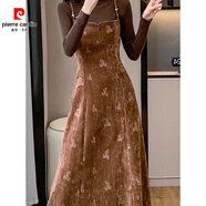 皮爾卡丹法式絲絨吊帶裙兩件套秋季連衣裙穿搭套裝女背心裙高級感2025新款 咖色吊帶裙 S 【80-95斤】