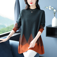 鹿王（KING DEER）拼色羊絨衫毛衣女秋冬中長(cháng)款打底衫寬松大碼女裝羊毛衫A字毛衣裙 墨綠色 L 建議110-120斤