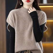 EMZ鄂爾多斯半高領(lǐng)針織馬甲背心女裝寬松顯瘦無(wú)袖套頭蝙蝠袖毛衣 駝色[秋季穿搭/蝴蝶結/鉤花/馬海 均碼 L100-115斤