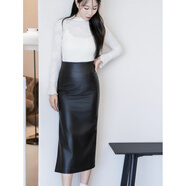 菲奢蘭綿羊皮真皮裙女秋冬新款高腰包臀裙綿羊皮中長款一步裙 黑色 S 適合80-90斤