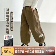 左西男童褲子2024冬季兒童復古燈芯絨保暖休閑褲 卡其色 150 