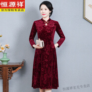 恒源祥中老年大碼連衣裙高檔壓花金絲絨改良旗袍裙喜婆婆遮肚顯瘦打底裙 高貴紅 不加絨 高檔壓花面料 XL 建議 90-105斤左右