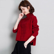秋冬季高領(lǐng)毛衣女韓版寬松時(shí)尚小個(gè)子短款高腰套頭針織打底衫上衣 紅色 S 建議85-95斤