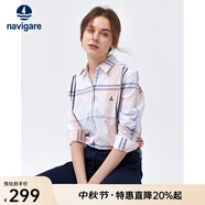 Navigare意大利小帆船女士長(cháng)袖襯衫春秋季休閑格子襯衣萊賽爾高檔寸衫 粉紅/白 L