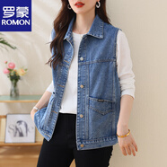 羅蒙（ROMON）官方牛仔外套女春秋2025年新款早春韓版寬松大碼短款小翻領(lǐng)夾克 199#復古藍_馬甲 M _建議100-125斤