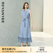 顏域新中式立領(lǐng)天絲連衣裙女2025夏季新款收腰蕾絲拼接背心長(zhǎng)裙子 藍(lán)色 L