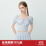 樂町韓系少女打纜修身全棉泡泡袖雪紡衫夏季新款方領(lǐng)內(nèi)搭上衣 嬰兒藍（現(xiàn)貨） S