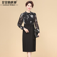 甘甘的世界秋季雪紡連衣裙長(cháng)袖2025新款中年女士印花甘夫人洋氣裙子 黑花 L 適合95-115斤