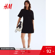 H&M女裝連衣裙2025夏季新款通勤圓領(lǐng)收腰T恤式短袖連身裙1283263 黑色 L 170/104