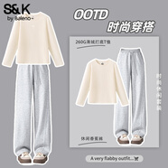 班尼路（Baleno）S&K系列套裝女裝秋冬季新款加絨打底衫休閑潮流香蕉直筒褲兩件套 杏#純色+麻灰#純色 L