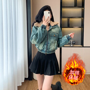妹丫2025加棉牛仔外套女加厚牛仔夾克休閑秋冬短外套毛領(lǐng)顯瘦 淺藍色 M