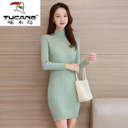 啄木鳥(niǎo)（TUCANO）秋冬款中長(cháng)款半高領(lǐng)毛衣連衣裙女內搭修身厚款打底針織衫包臀裙 翠綠色 M