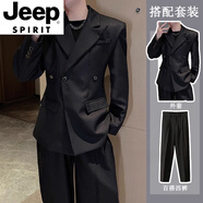 JEEP SPIRIT春秋法式墊肩西裝外套男士高級(jí)感穿搭套裝收腰立體廓形休閑西服潮 搭配裝：黑色外套+百搭黑西褲 M