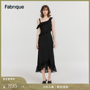 Fabrique桑蠶絲不對稱荷葉邊真絲連衣裙女夏季新品吊帶魚尾裙 黑色 M