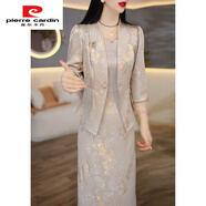 皮爾卡丹輕奢感七分袖兩件套連衣裙女2025春秋新款媽媽氣質(zhì)背心裙套裝 香檳色兩件套裙 3XL 建議131-140斤