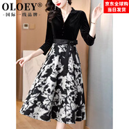 OLOEY國際一線品牌假兩件v領(lǐng)絲絨連衣裙女秋季法式氣質(zhì)碎花裙感輕奢收 黑色 M 【80-100斤】