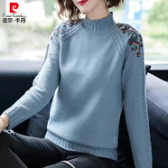 皮爾卡丹（pierre cardin）品牌羊毛衫女短款半高領(lǐng)毛衣寬松繡花套頭針織衫韓版新款打底衫 I19-藍色JZ XL 115-125斤