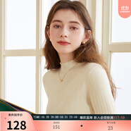 三彩冬款純色坑條針織衫木耳邊半高領(lǐng)修身打底內(nèi)搭簡(jiǎn)約女 米白色 L