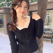 BCMDM香港潮牌蕾絲打底針織衫女 2025春季新款V領(lǐng)修身花邊短款內搭毛衣 黑色 L