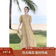 茵曼（INMAN）純棉法式氣質(zhì)連衣裙女裝2025夏季新品顯瘦V領(lǐng)泡泡袖A字長(cháng)裙子 卡其色 S