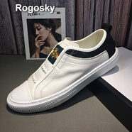 Rogosky 香港潮牌男鞋新款懶人蜜蜂刺繡套腳小白鞋男四季休閑透氣真皮繡花織帶一腳蹬低幫板鞋子 白色 41（皮鞋碼）