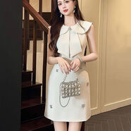 清中喬高腰短裙a字裙女新款娃娃領(lǐng)甜美奶乖少女感無(wú)袖短款連衣裙夏 杏色 S