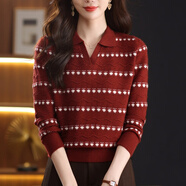 歌米拉（Gemila）針織衫女春秋百搭顯瘦上衣新款polo領(lǐng)毛衣女波點(diǎn)鏤空條紋打底衫 安可拉紅 2XL 【建議130-140斤】