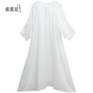 筱笙記云言棉麻女裝七分袖圓領(lǐng)白色苧麻連衣裙女秋季色新款文藝長(cháng)裙子 白色 S