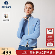 Navigare意大利小帆船羊毛衫女士秋冬季半高領(lǐng)彈力休閑毛衣通勤針織開衫女 邦迪藍(lán)/白 M