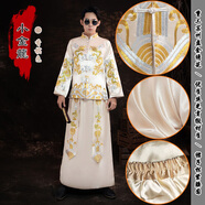 花花公子（PLAYBOY）品牌黑色秀禾服男裝酒紅色中式結婚禮服新郎接親服綢緞新款盤金繡 小金龍【香檳色】 緞面 S 體重100-120斤
