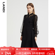 藍(lán)地春季新款黑色小立領(lǐng)盤扣蕾絲泡泡袖連衣裙女長(zhǎng)袖高腰裙子DLWC 黑色 M