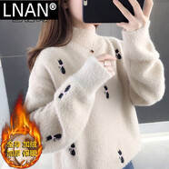 LNAN仿水貂絨毛衣女秋冬新款寬松內(nèi)搭慵懶風(fēng)半高領(lǐng)加絨加厚針織打底衫 杏色_加絨款 2XL 建議130-140斤