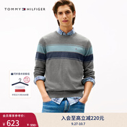 TOMMY HILFIGER【純色V領(lǐng)】秋冬男裝純棉商務(wù)休閑通勤內搭打底衫針織衫毛衣 【撞色條紋】灰色P7D M （推薦：135-150斤）