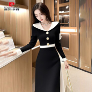 皮爾卡丹法式小香風(fēng)撞色V領(lǐng)長(cháng)袖連衣裙2025秋季顯瘦新款氣質(zhì)修身打底長(cháng)裙 8656#黑色 S 【建議 80-95斤】