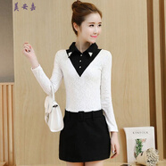 美安嘉2025秋冬新款韓版毛呢連衣裙女加絨蕾絲假兩件襯衣領(lǐng)中裙包臀裙潮 黑白色 加絨 S