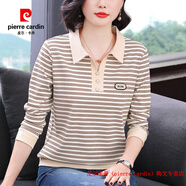 皮爾卡丹（pierre cardin）撿漏·長袖T恤2025秋季新款寬松洋氣減齡條紋大碼中年女裝百搭上 卡其色 M