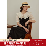 獨束大碼女裝【雙色可選】法式茶歇娃娃領(lǐng)連衣裙女夏裝微胖mm裙子 芝麻黑 M （尺碼：1） 拍前和客服確認(rèn)尺碼