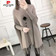 皮爾卡丹（pierre cardin）高領(lǐng)毛衣女套頭秋冬新款韓版寬松大碼流蘇針織蝙蝠衫斗篷外套 卡其色 L