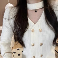贏鎮(zhèn)秋冬新款掛脖針織衫女長(zhǎng)袖雙排扣短款毛衣開(kāi)衫加厚內(nèi)搭打底衫上衣 米白色 S _80-95斤