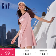 Gap女裝夏季印花褶裥收腰撞色插肩短袖連衣裙短裙510293 粉色 M (165/84A)亞洲尺碼