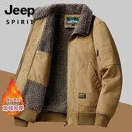 JEEP SPIRIT羊羔絨棉衣男士25年冬季中年純棉工裝夾克加厚保暖棉服外套男款 卡其色(加絨加厚歀) M 建議80-115斤穿著(zhù)