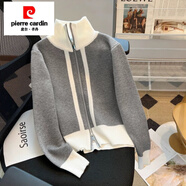 皮爾卡丹秋冬新款時(shí)尚設計感小眾高領(lǐng)豎條紋針織開(kāi)衫上衣女洋氣毛衣外套 灰色 L 建議100-120