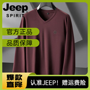 JEEP SPIRIT加肥加大碼薄款長袖t恤男超胖子V領(lǐng)春秋打底衫肥佬雞心領(lǐng)體恤 酒紅色 XL 120-140斤