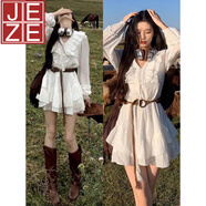 JEZE北疆川西草原新疆旅游穿搭初秋白色長(zhǎng)袖連衣裙子女2025新款早秋季 [白色]配腰帶【z】 M 45/55kg