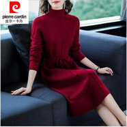 皮爾卡丹百搭中長(cháng)款毛衣裙女秋冬季加絨加厚高領(lǐng)寬松過(guò)膝針織打底連衣裙氣 加絨加厚酒紅 3XL