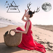 SHIROMA女裝流行夏天裙子V領(lǐng)收腰吊帶女海邊度假雪紡大紅色連衣裙 紅色 M