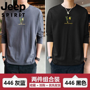 JEEP SPIRIT吉普國際品牌男士t恤長袖春秋季寬松打底衫秋衣季薄款大碼體恤衫 446深灰+446黑色 M 【90-110斤】